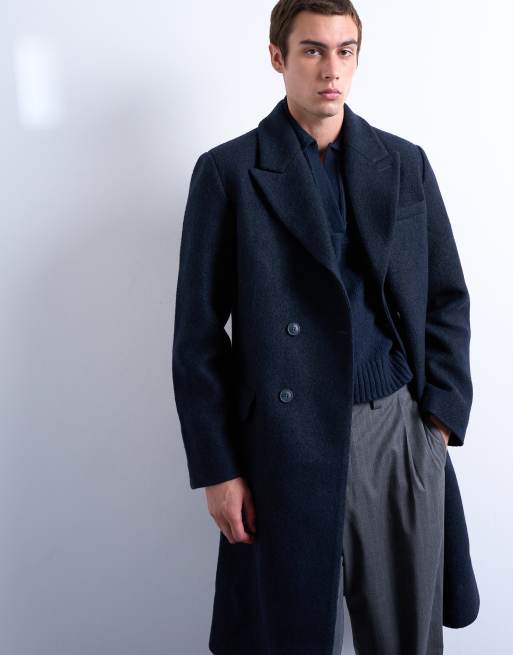 Topman textured double breasted oversized wool blend coat in navy  