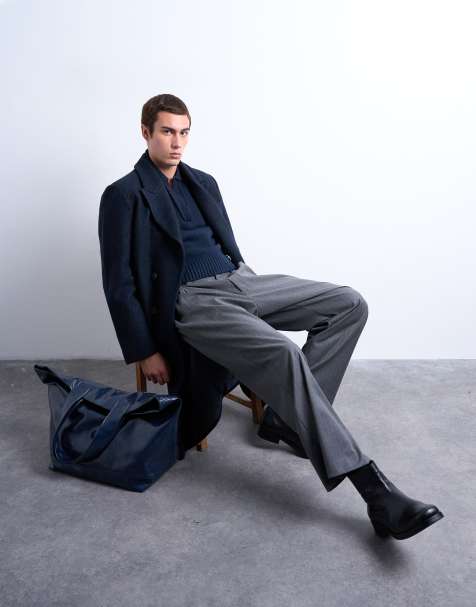 Topman textured double breasted wool blend coat in navy - view 1