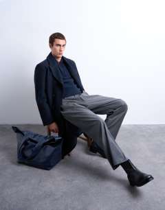 Model wearing Textured double breasted wool blend coat in navy  