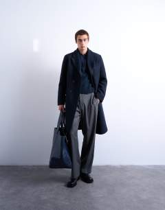 Model wearing Textured double breasted wool blend coat in navy  