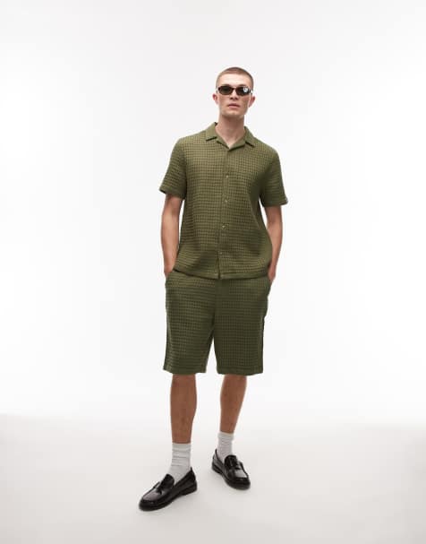 Topman textured grid check shorts in khaki green - part of a set - view 1