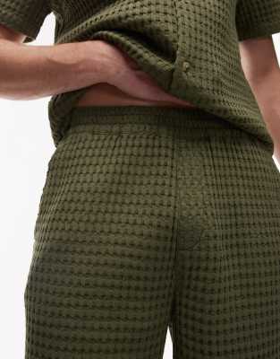 Topman Textured Grid Check Shorts In Green
