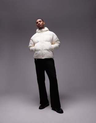 Topman Topman textured hooded puffer jacket in ecru-Neutral