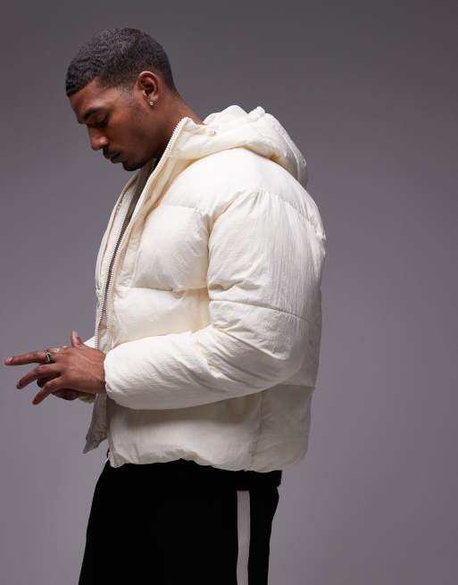Topman textured hooded puffer jacket in ecru ASOS