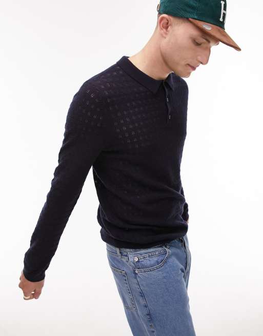 Topman textured knit long sleeve polo in navy
