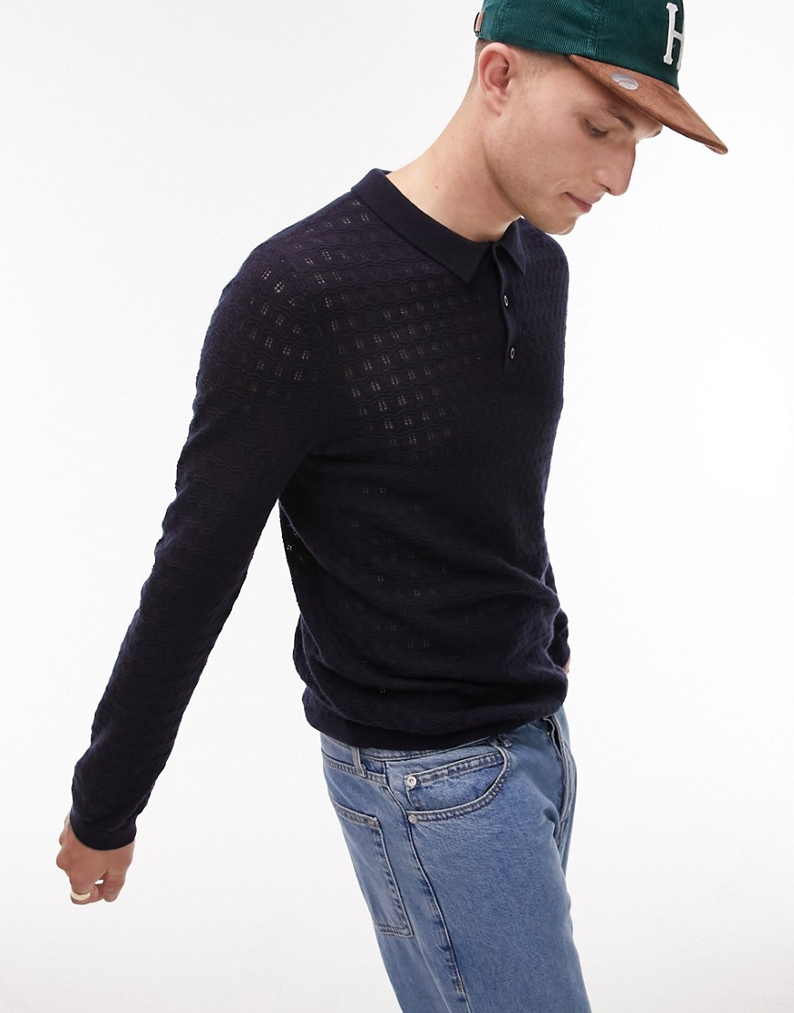 Topman textured knitted long sleeve polo in navy