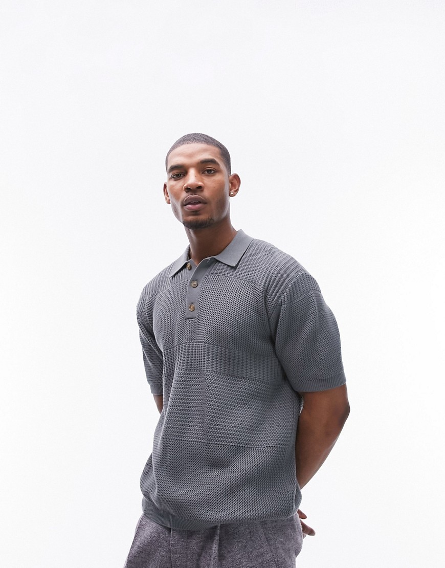 Topman Textured Panel Polo In Gray Green