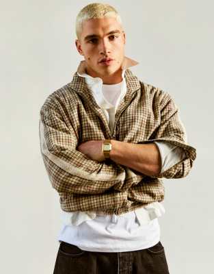 Topman Textured Plaid Harrington Jacket In Brown