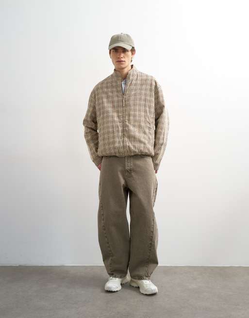 Topman textured plaid harrington jacket in brown, 2 of 5
