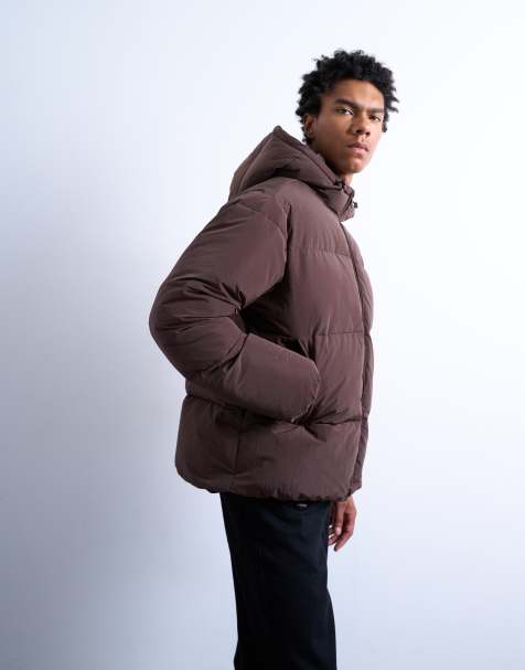 Topman textured puffer jacket in dark brown - view 1