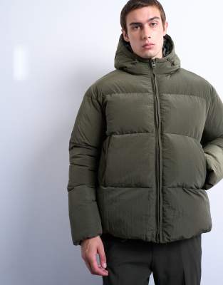 Topman textured puffer jacket in dark khaki | ASOS