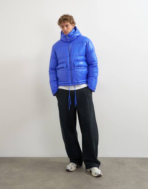 Topman textured puffer with detachable hood in cobalt blue - view 1