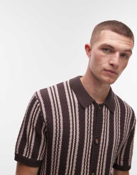 Topman textured stripe button through shirt in stone - view 1