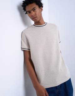Model wearing Textured stripe classic t-shirt in ecru