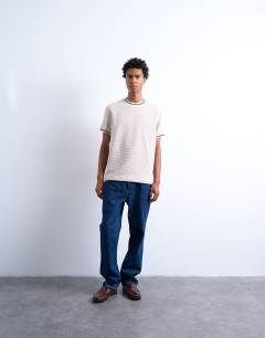 Model wearing Textured stripe regular t-shirt in ecru