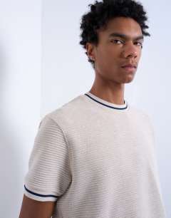 Model wearing Textured stripe regular t-shirt in ecru