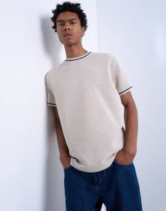 Model wearing Textured stripe regular t-shirt in ecru