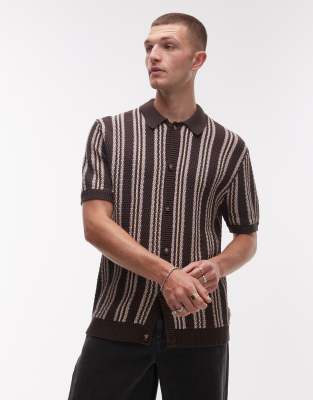 Topman Textured Striped Button Up Shirt In Brown