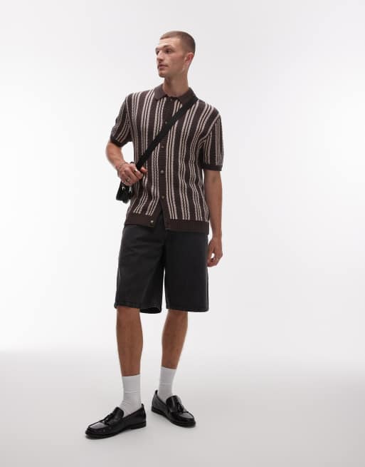 Topman textured striped button up shirt in stone, 3 of 4