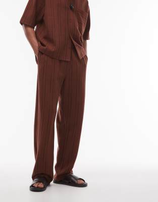 Topman Textured Striped Straight Leg Sweatpants In Brown