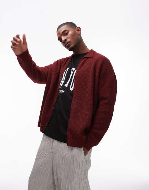 Topman textured zip through collared cardigan in red - view 1