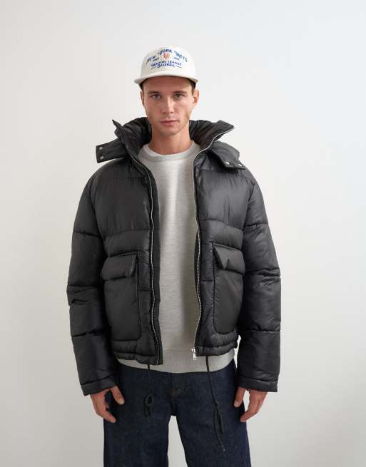 Topman texturerad pufferjacka med avtagbar huva i svart, 5 av 5