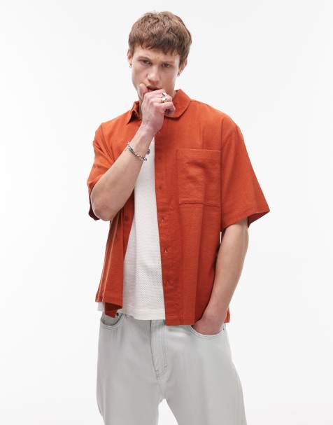 Topman – Texturiertes, kastiges, kurzärmliges Hemd in Rostrot - view 1