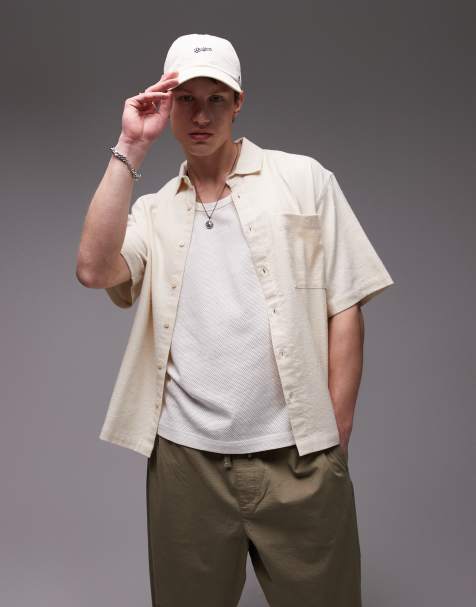 Topman – Texturiertes kastiges, kurzärmliges Hemd in Stein - view 1
