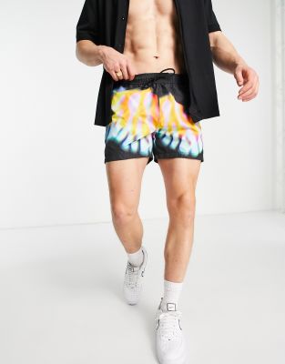 Topman tie dye swim shorts in black