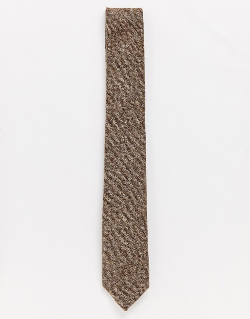 Topman tie in brown herringbone print