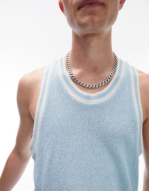 Topman tipped rib knitted texture tank top in blue