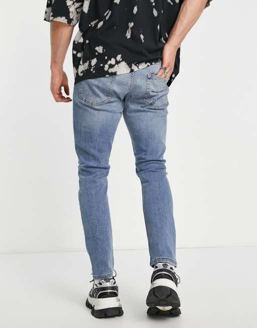 Topman - Toelopende stretchjeans met extreme kniescheuren in lichte wassing blauw, 2 van 4