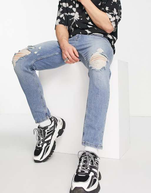 Topman - Toelopende stretchjeans met extreme kniescheuren in lichte wassing blauw, 3 van 4