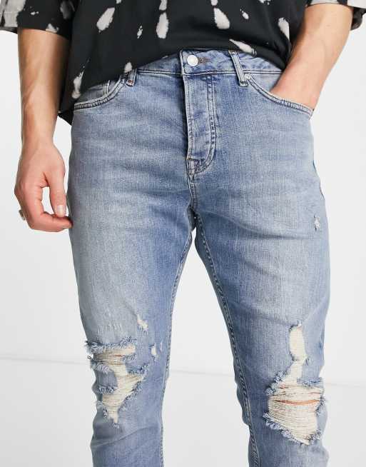 Topman - Toelopende stretchjeans met extreme kniescheuren in lichte wassing blauw, 4 van 4