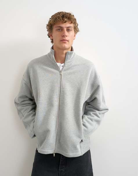 Topman top de corte holgado, grueso, con cuello alzado y cremallera en gris jaspeado - view 1