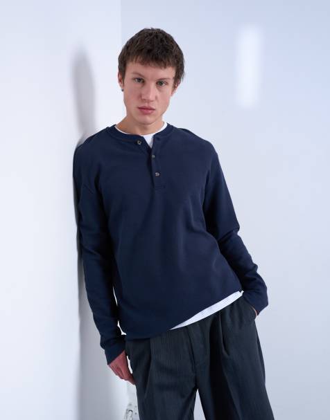 Topman - Top décontracté de qualité supérieure en tissu gaufré épais avec col boutonné - Bleu marine - view 1