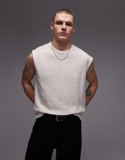 Topman - Top oversize écru senza maniche in maglia testurizzata
