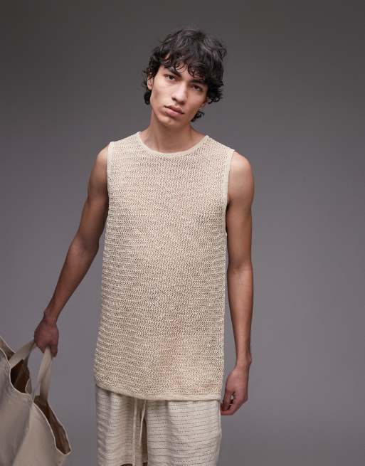Topman - Top senza maniche comodo color pietra in maglia