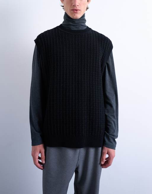 Topman Top senza maniche comodo in maglia a trecce nero ASOS