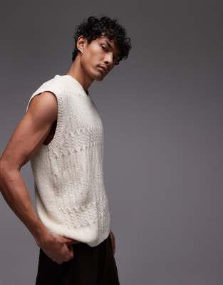 Topman - Top senza maniche in maglia a trecce vestibilità comoda color pietra