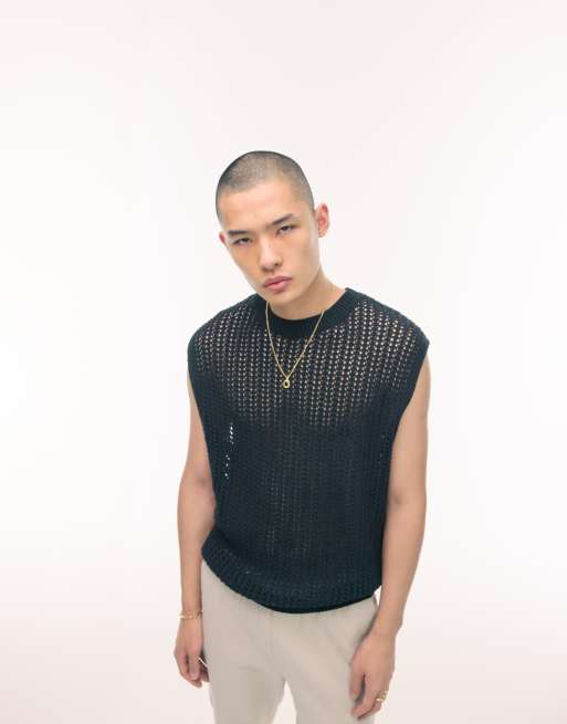Topman - Top senza maniche nero in maglia all'uncinetto