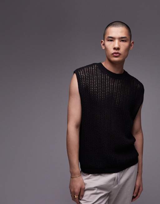 Topman - Top senza maniche nero in maglia all'uncinetto, 4 di 5