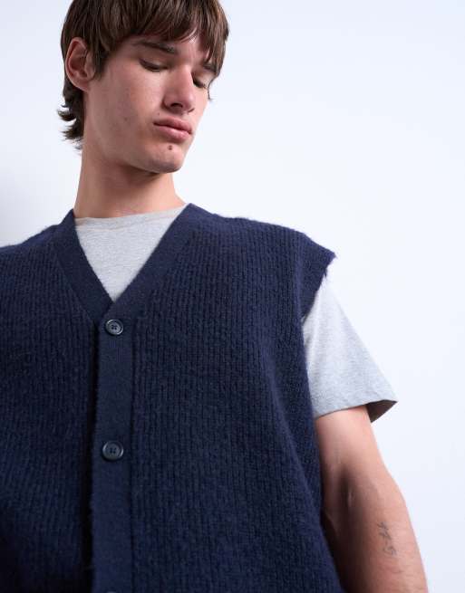 Topman - Top senza maniche oversize in maglia blu navy con bottoni, 4 di 5