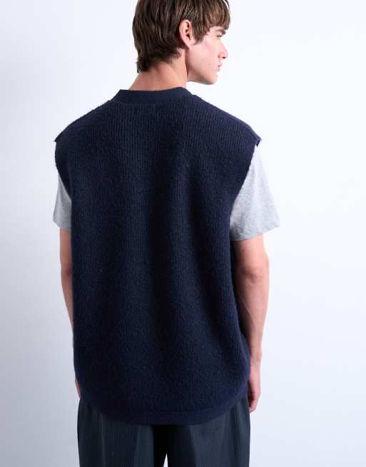 Topman - Top senza maniche oversize in maglia blu navy con bottoni, 5 di 5