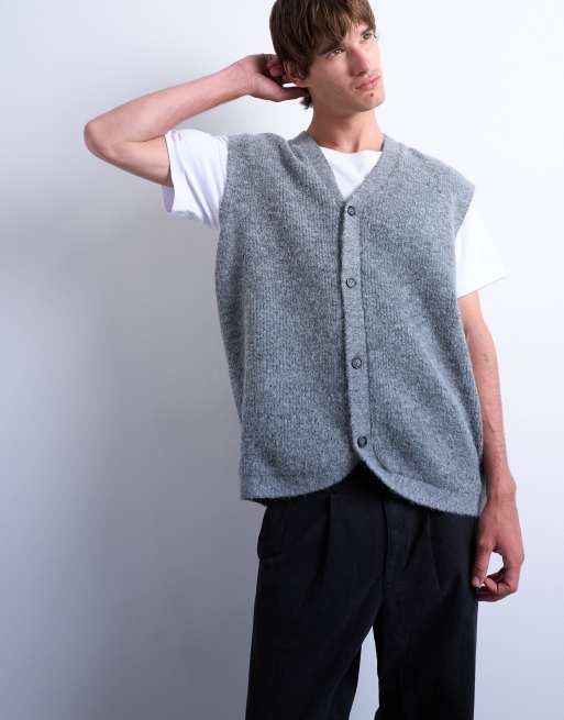 Topman - Top senza maniche oversize in maglia color antracite con bottoni