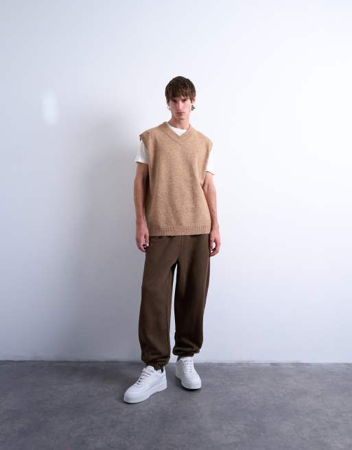 Topman - Top senza maniche oversize in maglia color pietra con scollo a V, 2 di 5