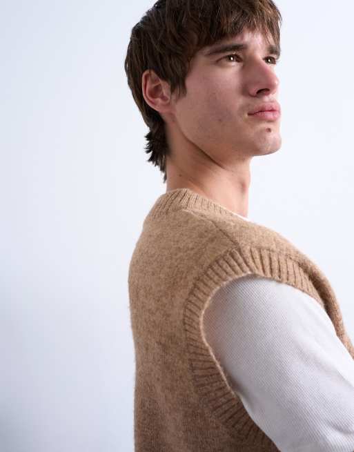 Topman - Top senza maniche oversize in maglia color pietra con scollo a V, 3 di 5