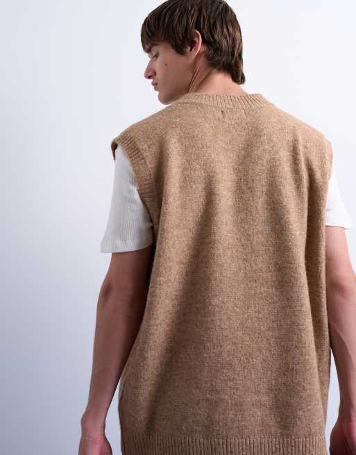Topman - Top senza maniche oversize in maglia color pietra con scollo a V, 4 di 5