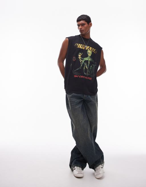 Topman - Top senza maniche oversize nero slavato con stampa "Nirvana" con insetto, 3 di 4