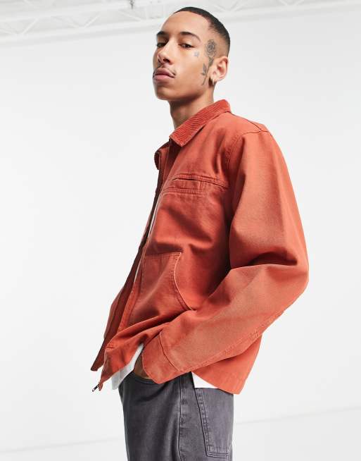 Topman – Trainerjacke aus Leinen in Rot mit Cord-Kragen